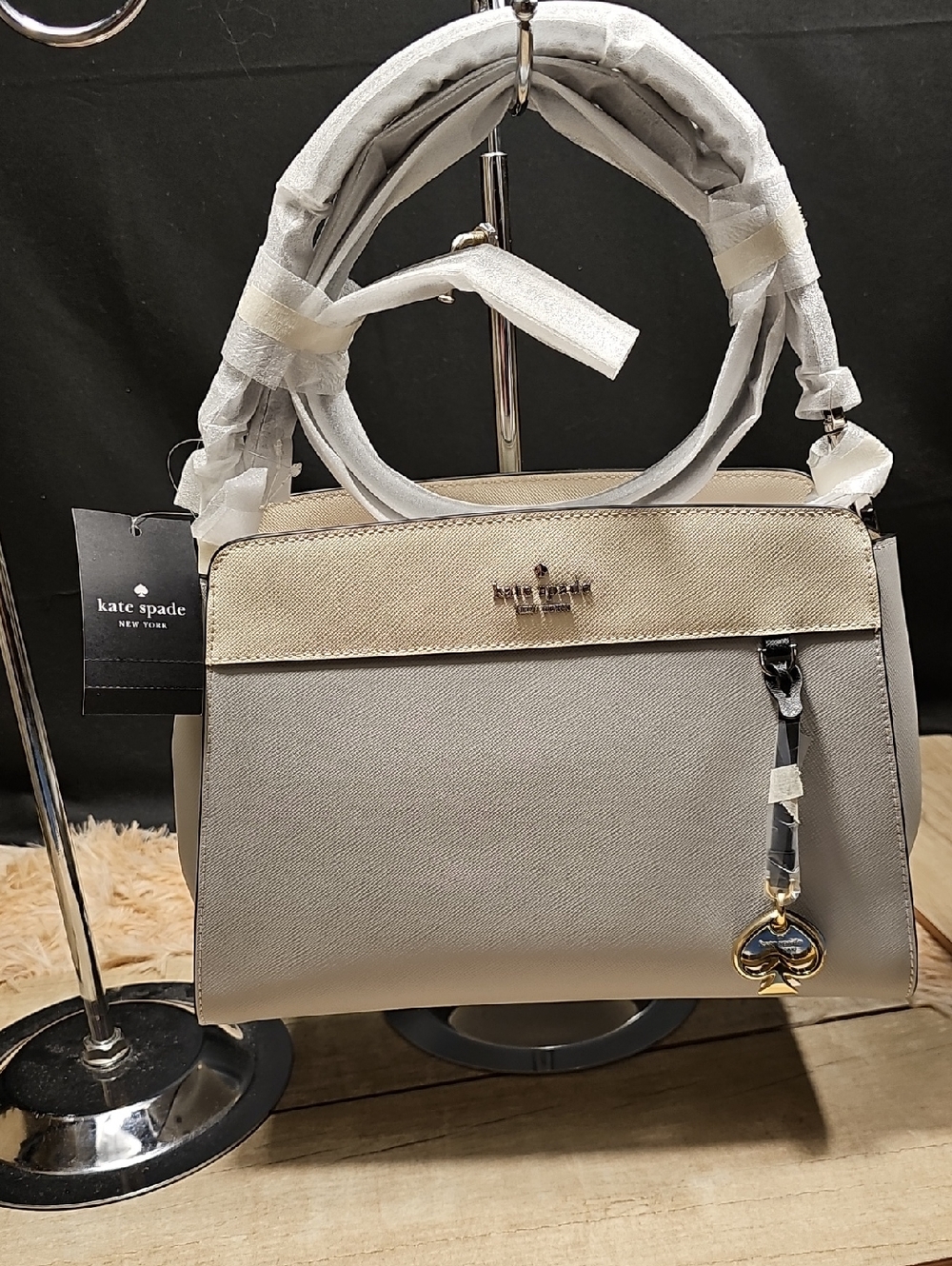 kate spade Taupe and Cream Saffiano Leather Satchel with Gold Charm